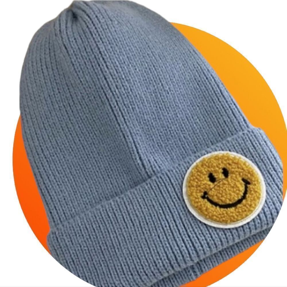 Knit ribbed smiley face hat beanie, blue